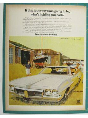 Print Ad Pontiac LeMans 1970 Vintage Car Sales Art GM Garage Boatyard